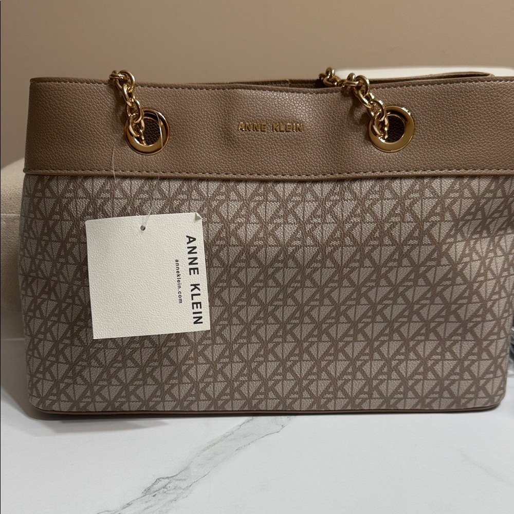 Anne Klein Tan and Brown Shoulder Bag with Gold Accents